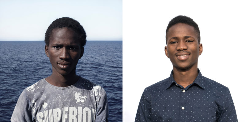 Alpha. Guinea Conakry (1999).  <br>
Left: Alpha portrayed on 1st August 2016 on board of a rescue vessel in the Mediterranean sea. 
Right: Alpha portrayed on 8th February 2019 in Ramacca, Italy. <br>
© César Dezfuli