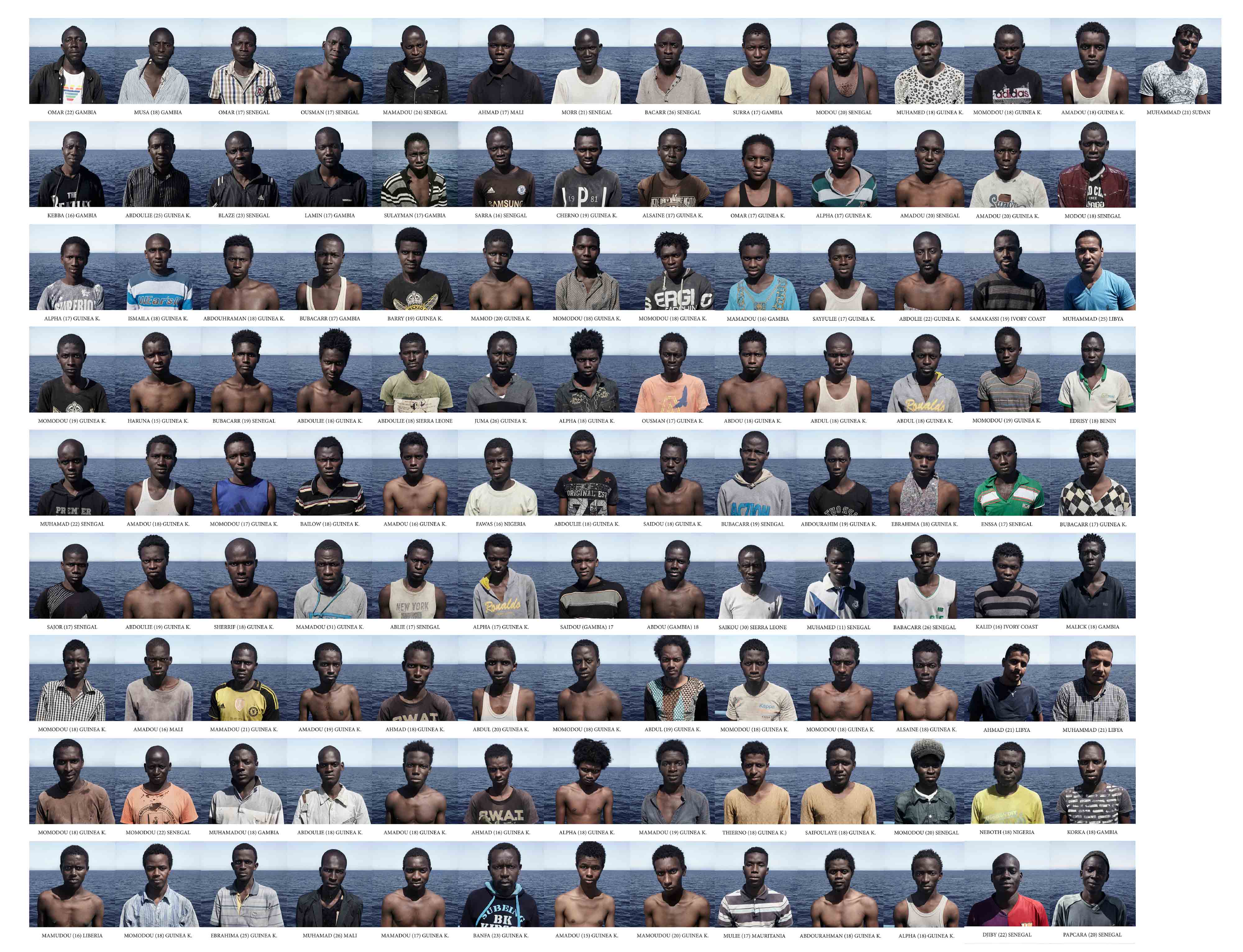 Panel with the 118 portraits of the passengers of the rubber boat rescued on August 1, 2016 in the
Mediterranean Sea.   © César Dezfuli